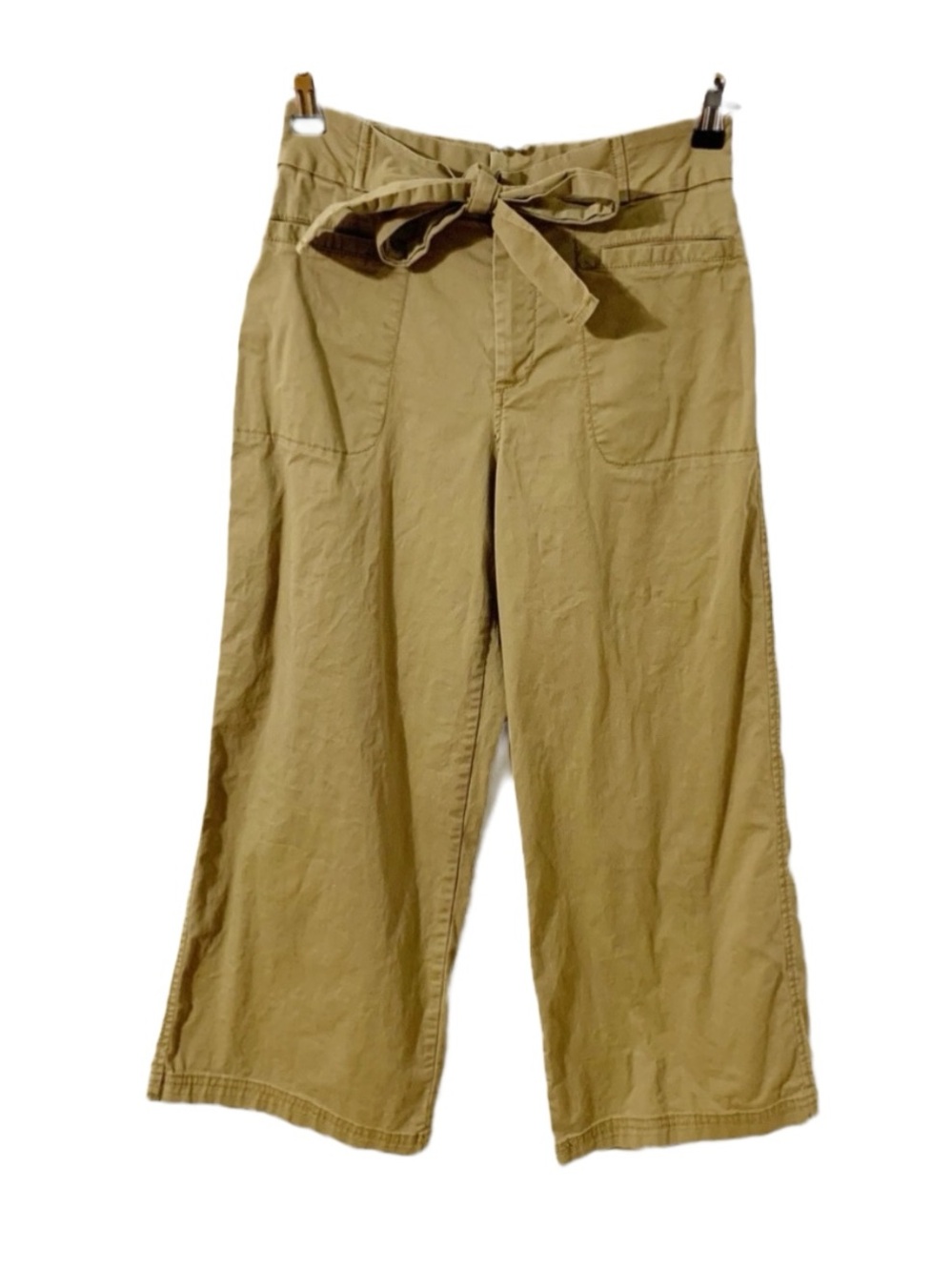 So Wide Leg Tie Waist Paper Bag Cropped Khaki Pants Front and Back Pockets